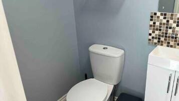 A small bathroom with a toilet, a trash bin, a shelf with a plant, and a tiled wall.
