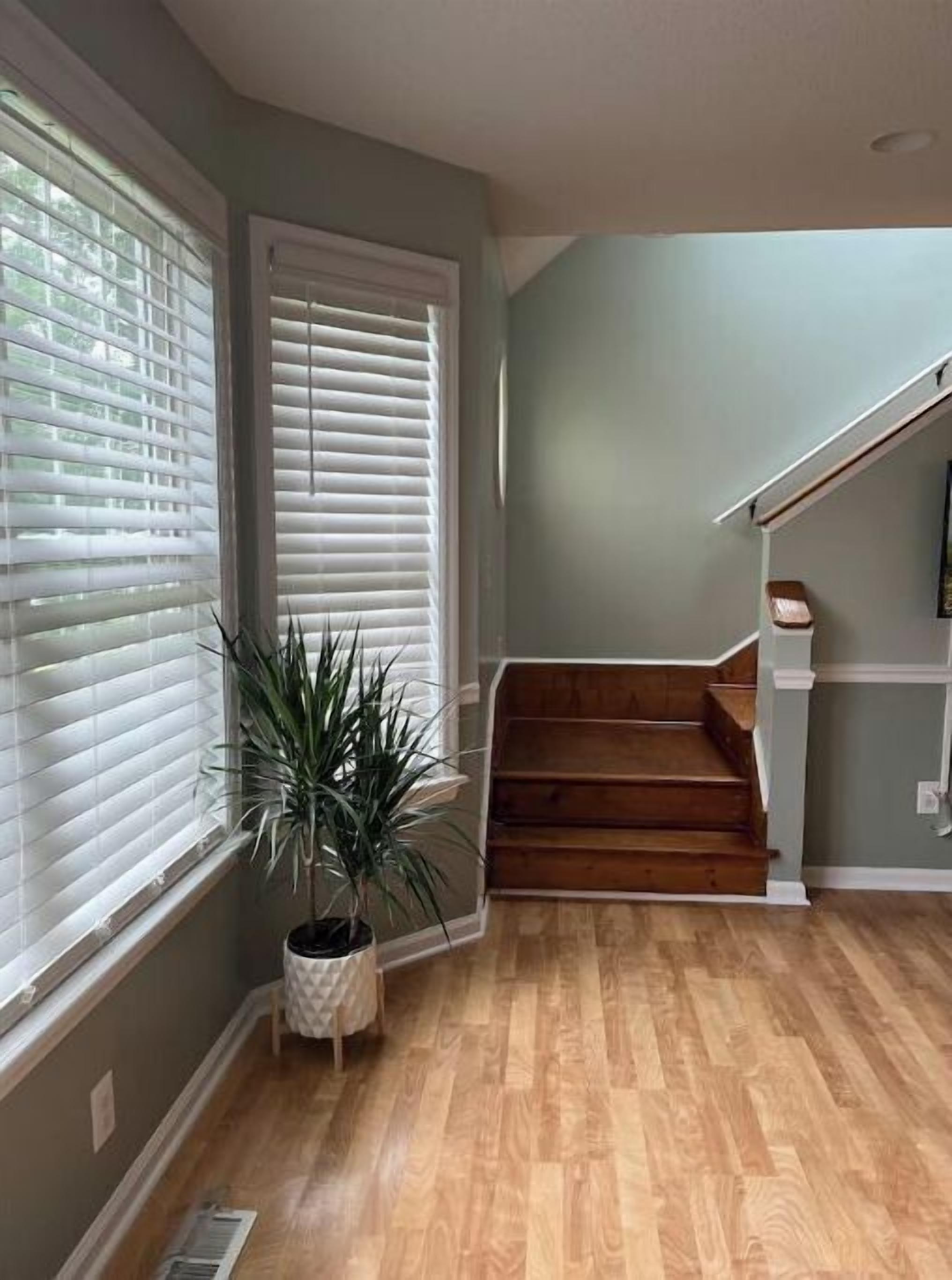 Una habitación con piso de madera, una escalera y una planta en maceta.