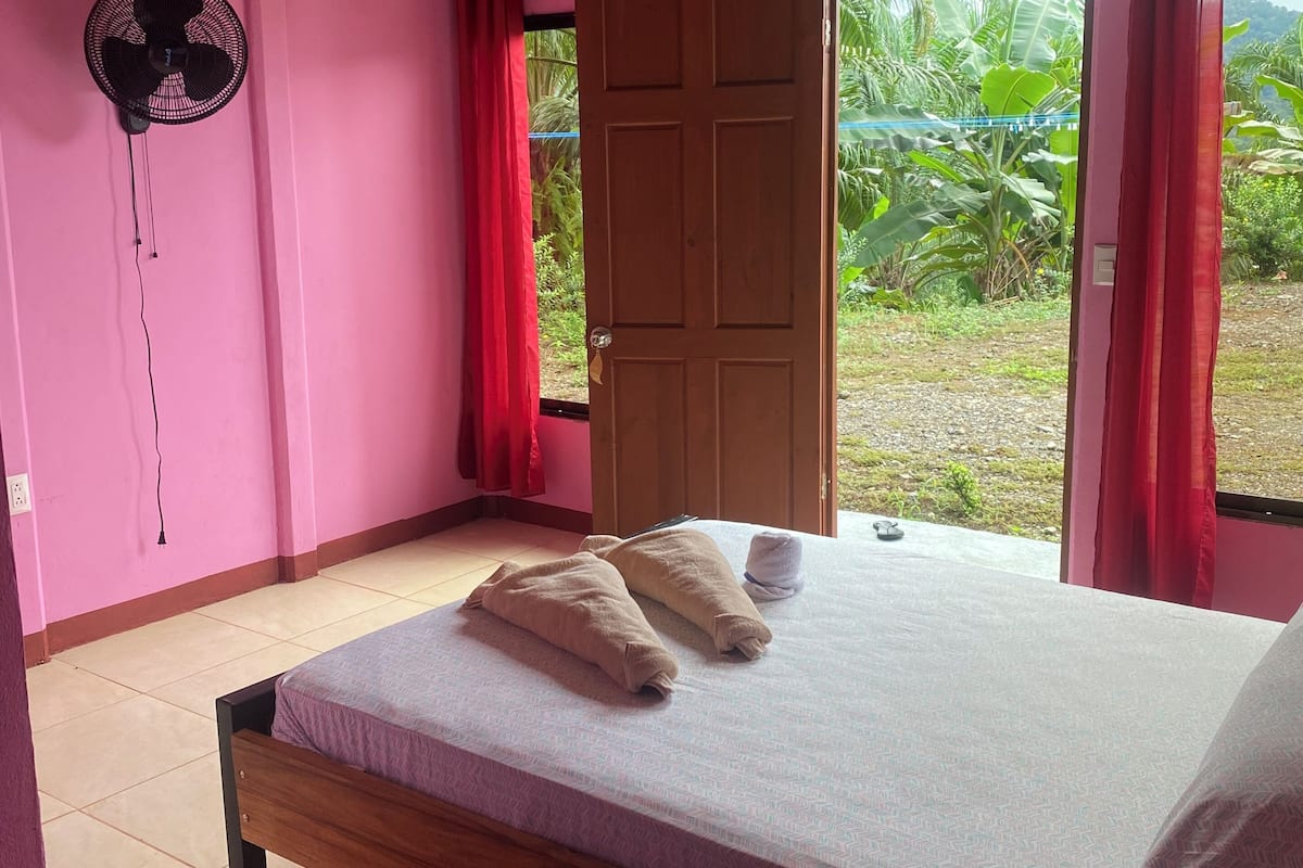 A bedroom with a bed, a fan, and a door leading to a balcony with plants.