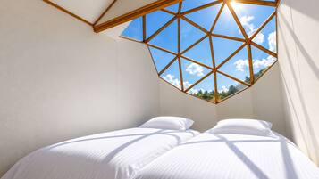 Een slaapkamer met dakraam, een bed met witte beddengoed en uitzicht op de lucht.