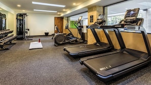 Un gimnasio con cintas de correr, máquinas de pesas y mancuernas.