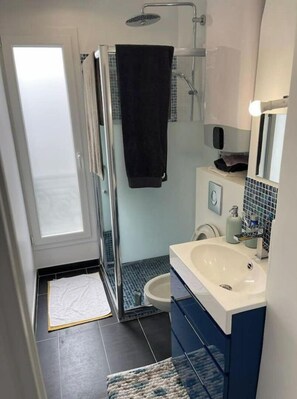 Een haardroger, handdoeken, toiletpapier