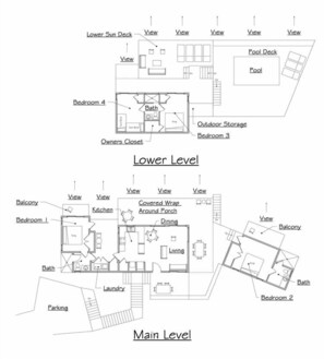 A floor plan of a multi-level house with a main level, lower level, and a lower sun deck. It includes bedrooms, a bathroom, a kitchen, a dining area, a living room, and a balcony.