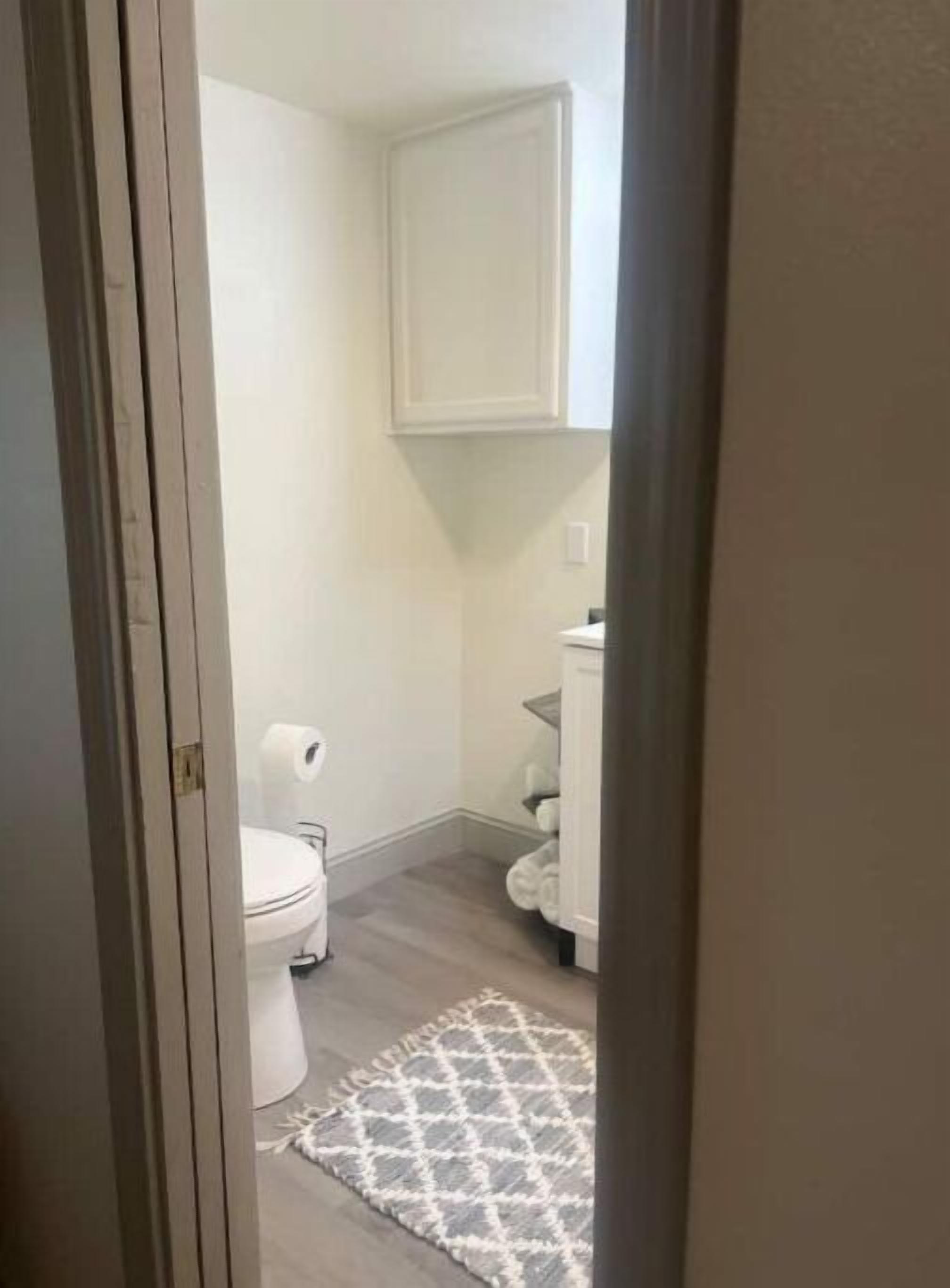 A bathroom with a toilet, a white cabinet above the sink, and a patterned rug on the floor.