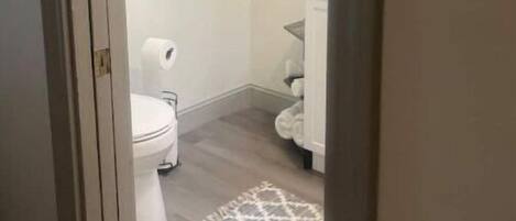 A bathroom with a toilet, a white cabinet above the sink, and a patterned rug on the floor.
