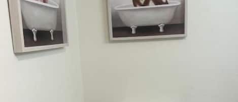 Shower, hair dryer, soap, shampoo