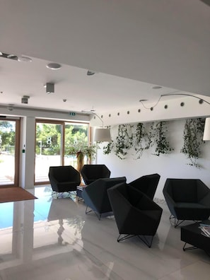 A modern interior with a glass wall, black chairs, and a wall-mounted plant.