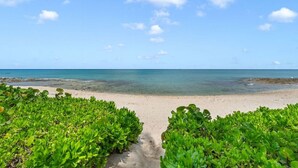 A beach with clear turquoise water, a sandy shore, and green vegetation in the foreground.