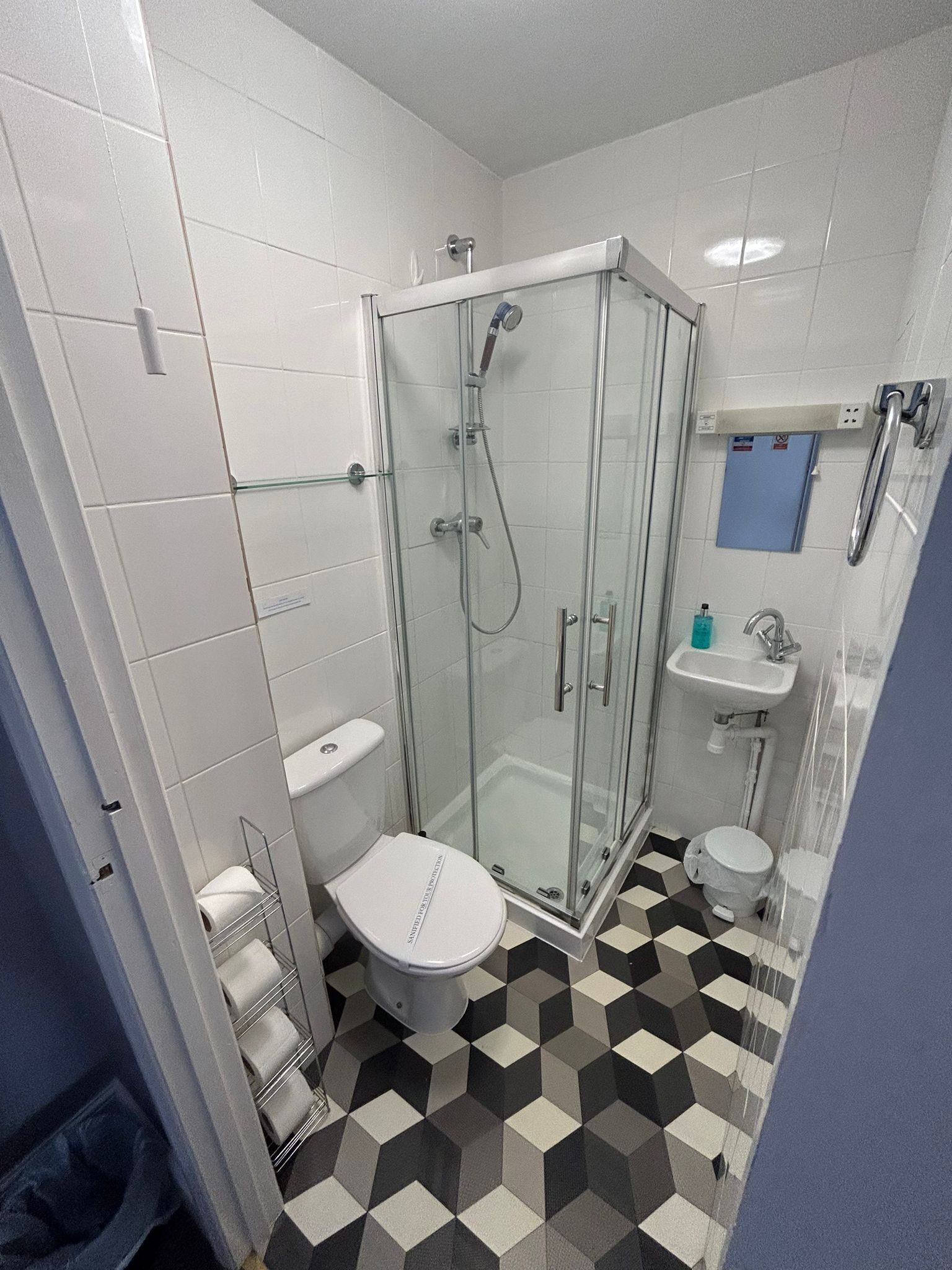 A modern bathroom with a glass-enclosed shower, a toilet, and a sink.