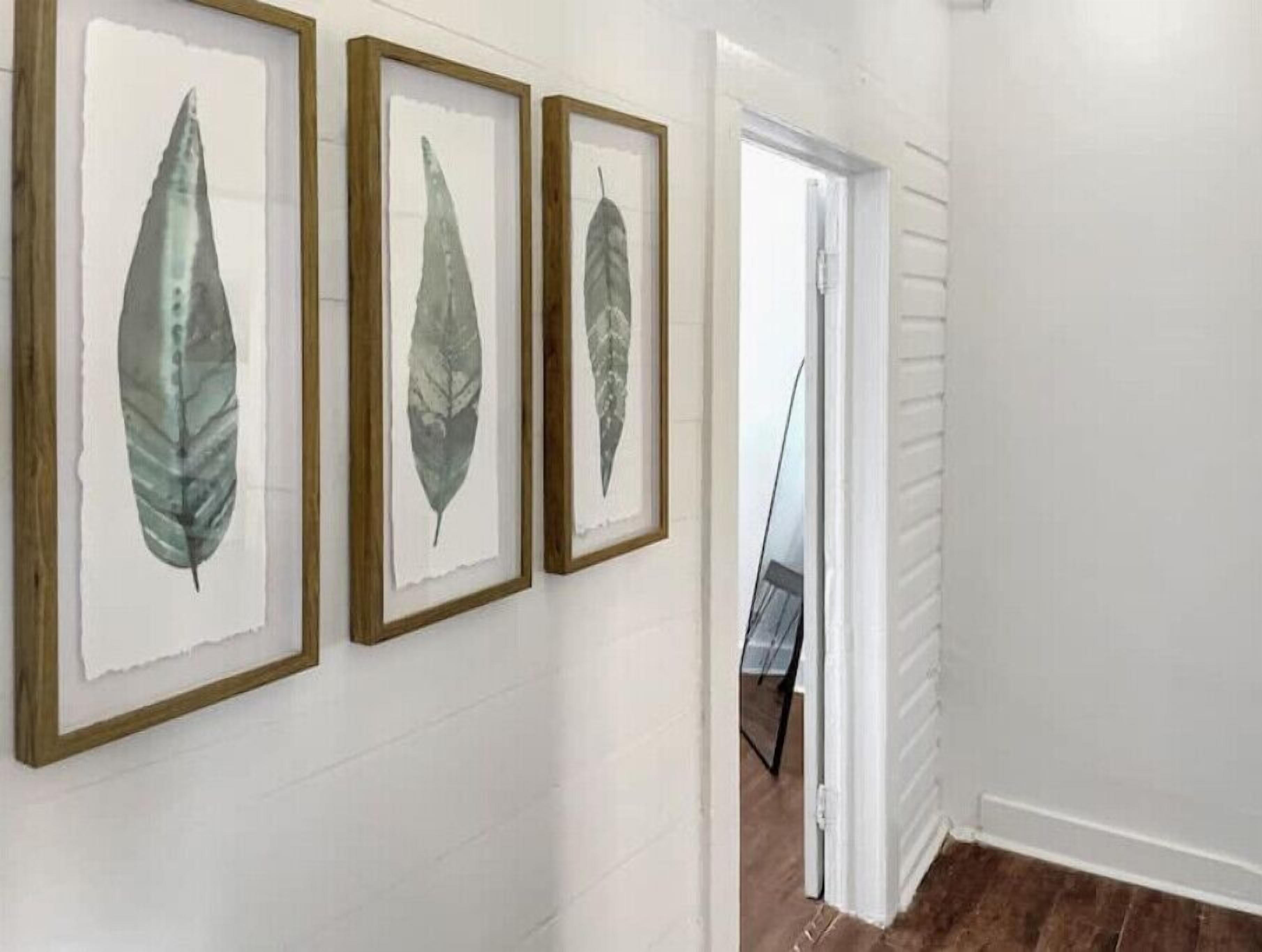 Three framed leaf artworks on a white wall in a hallway.