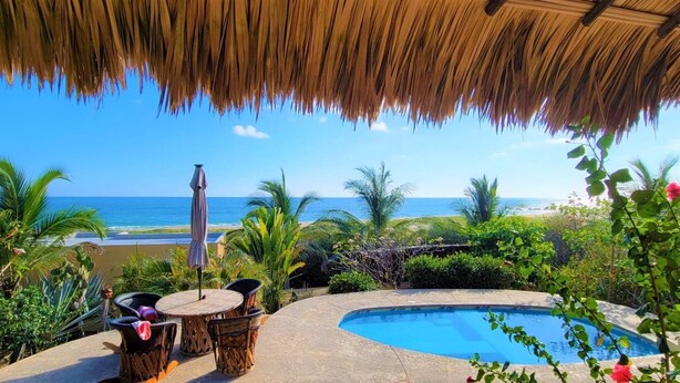 Zona de piscina con vistas al océano, rodeada de plantas tropicales y un techo de paja.