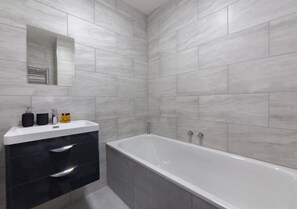 Hair dryer, towels, soap, shampoo