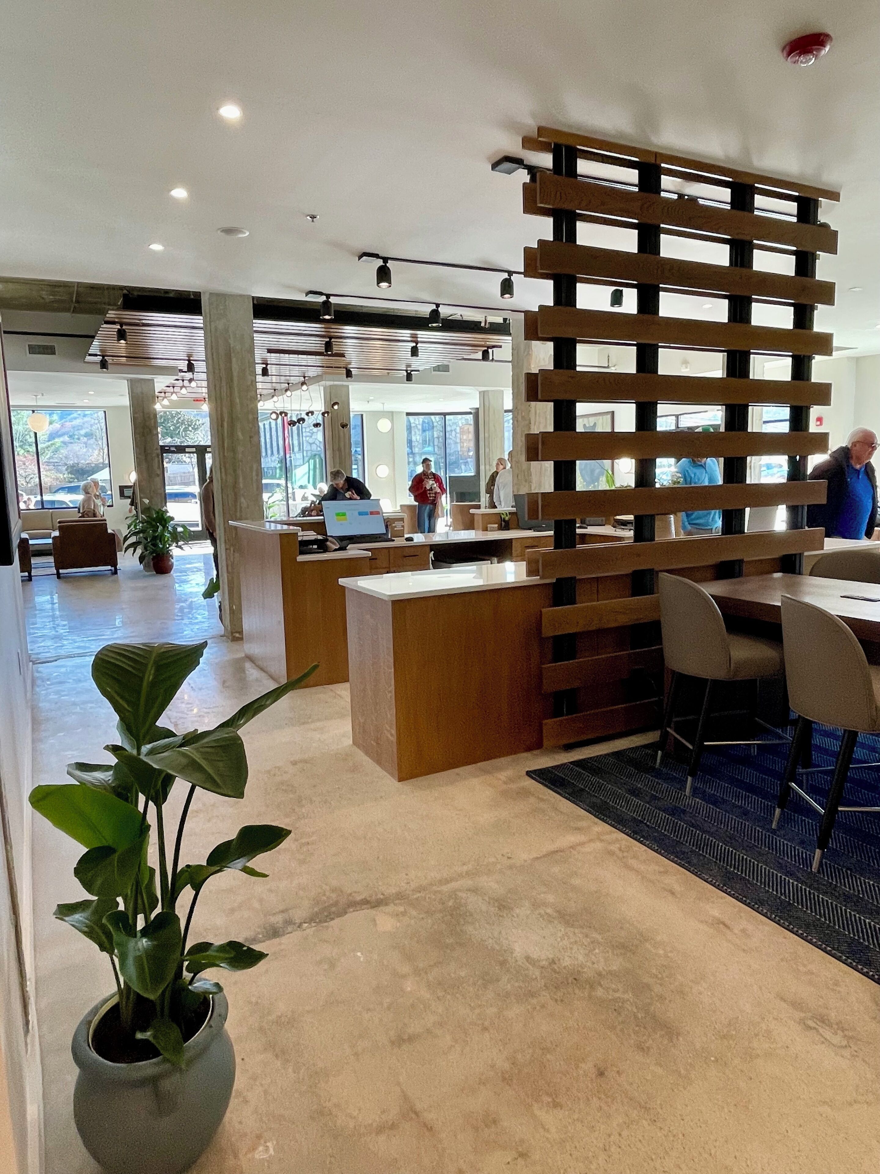 A modern reception area with a wooden partition, a reception desk, and a seating area with a potted plant.
