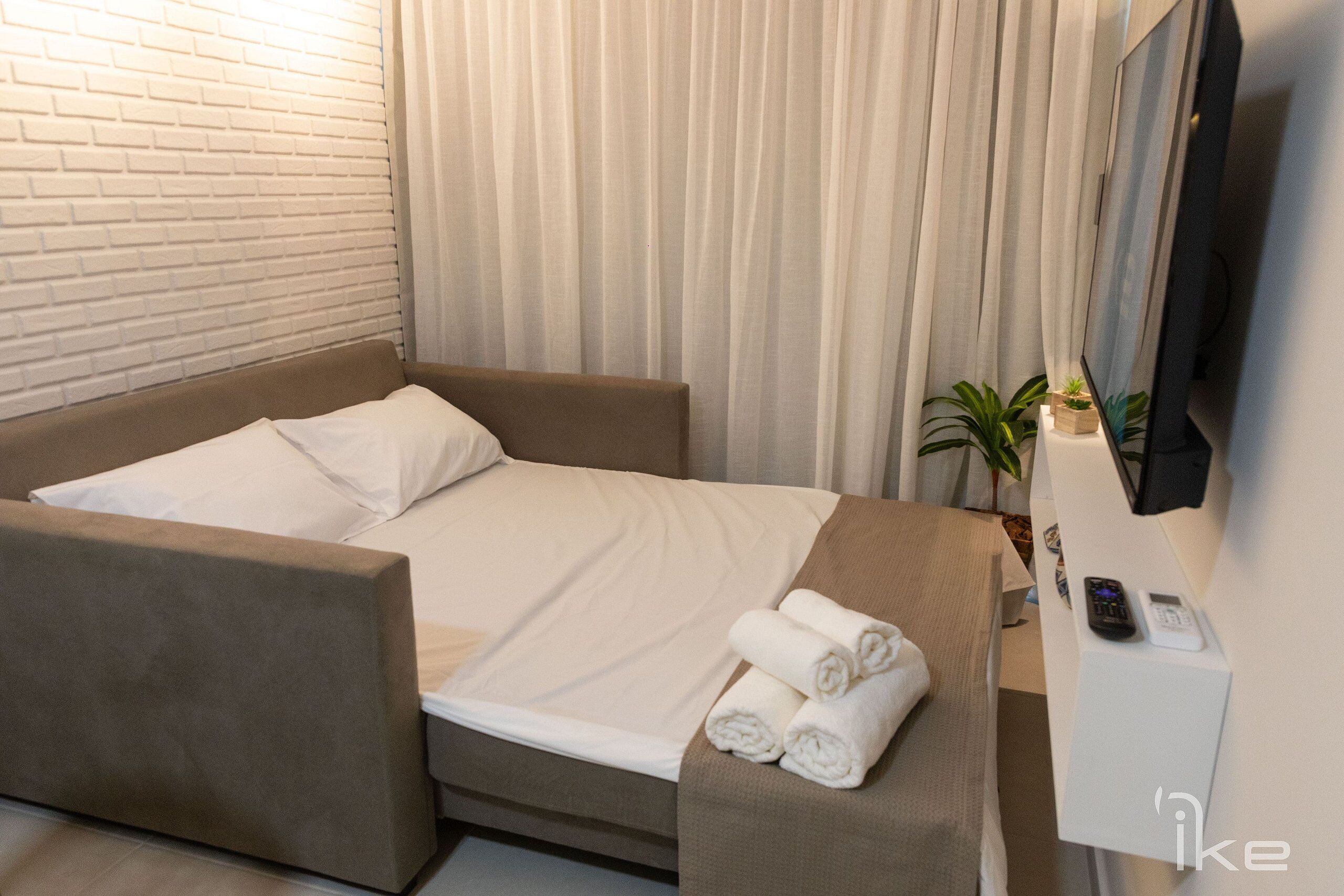 A hotel room with a bed, a TV, and a small plant.