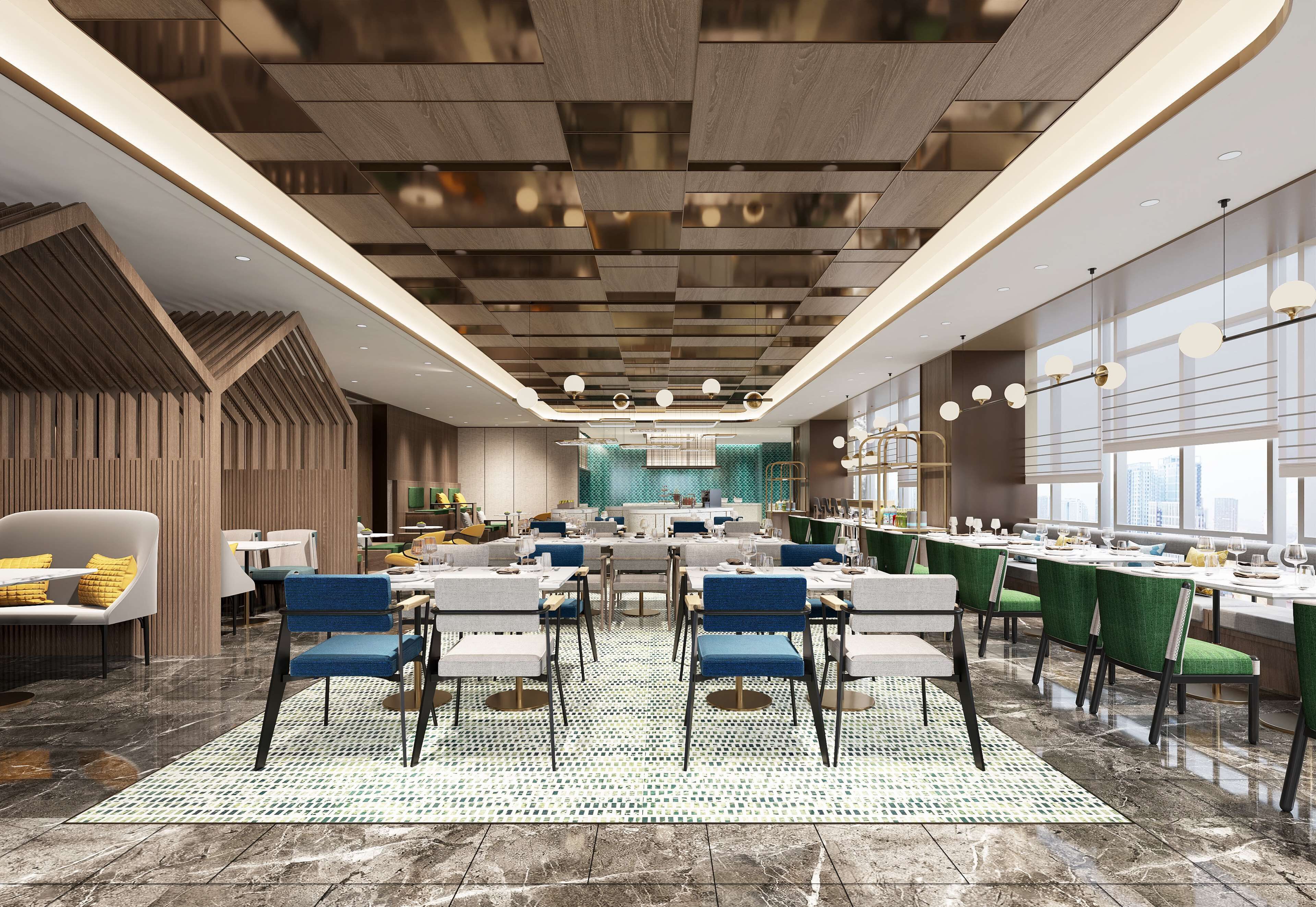 A modern dining area with a central island, multiple seating options, and a contemporary ceiling design.