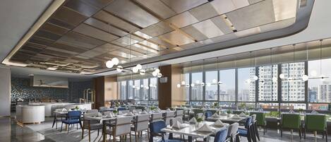 A modern dining area with high ceilings, large windows, and a city view.