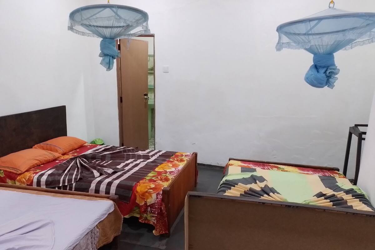 A room with two beds, each with a different patterned bedspread. There are mosquito nets hanging above the beds.