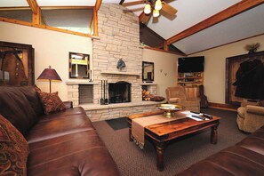 Smart TV, fireplace, DVD player, books