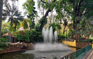 Un jardin paisible avec une fontaine centrale, entouré d’une végétation luxuriante et d’un mur de pierre.
