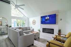 Smart TV, fireplace, books