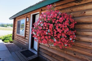 Une cabane en bois avec un panier à fleurs suspendu.
