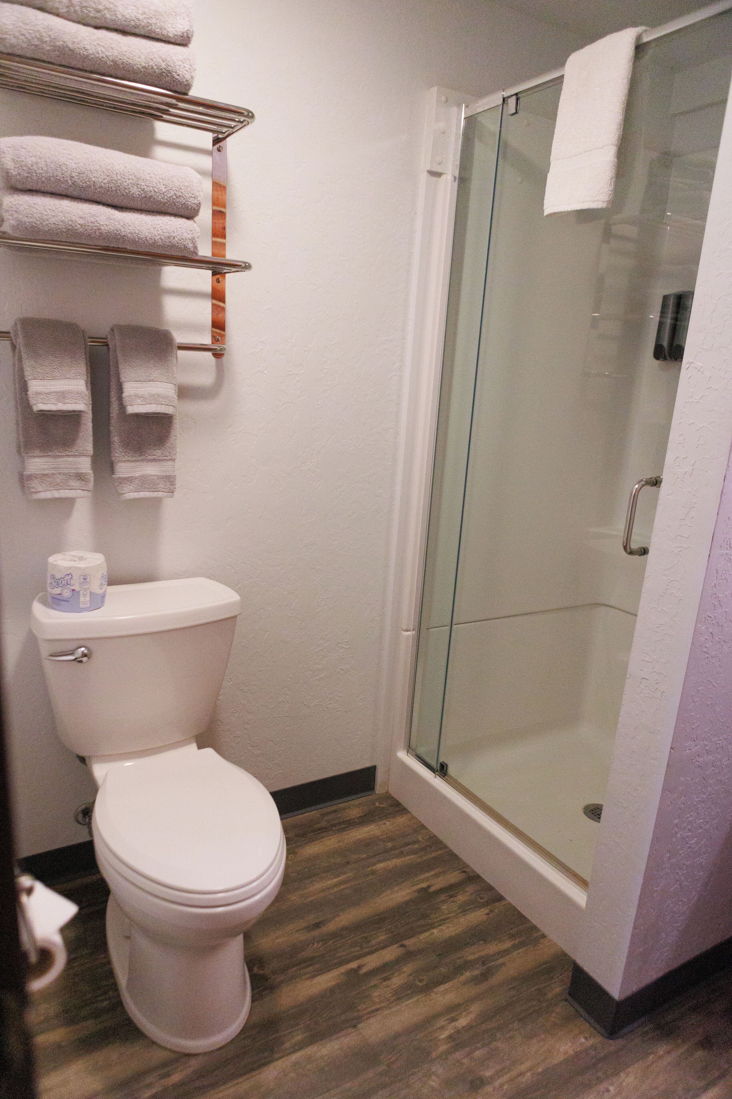 Een badkamer met toilet, een douchecabine van glas en een handdoekrek met meerdere handdoeken.