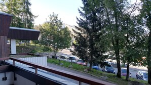 Un balcón con vistas a coches aparcados y árboles.