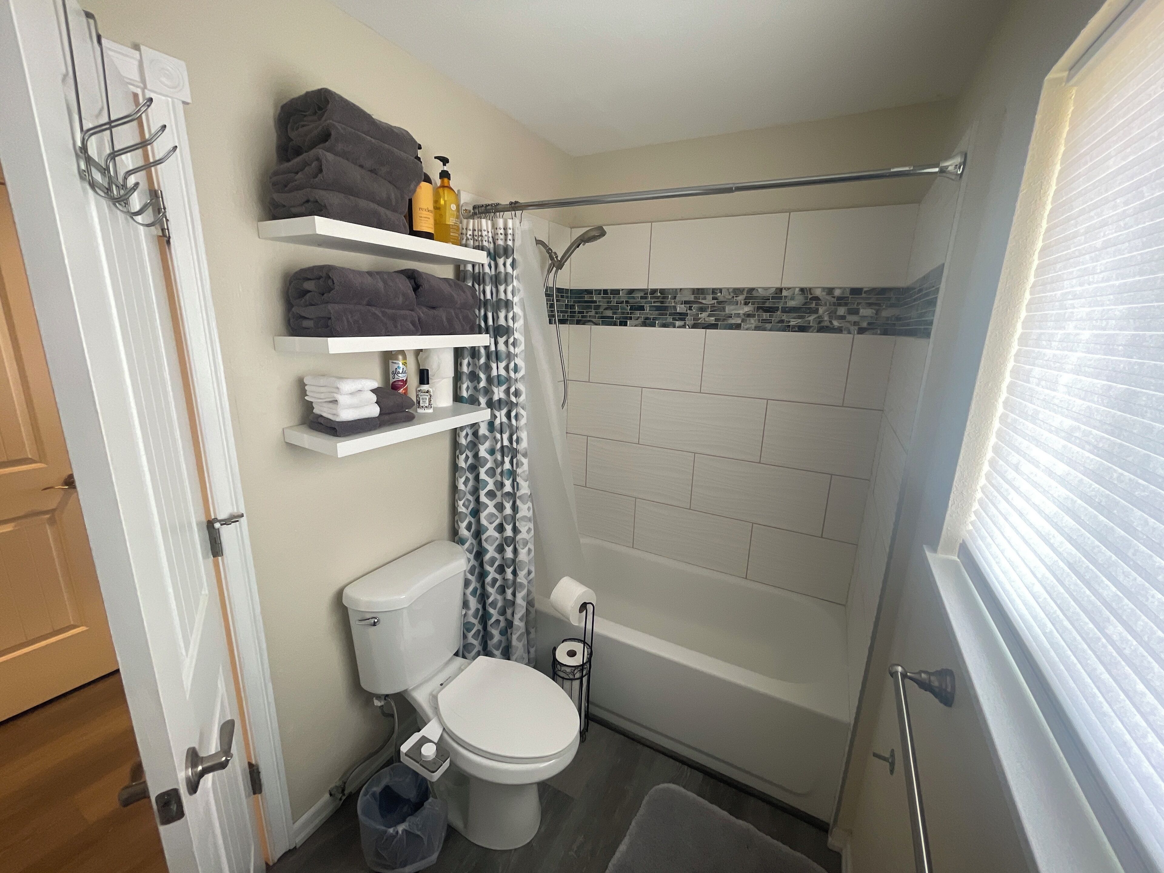 Hair dryer, bidet, towels, soap