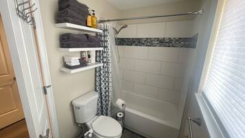 Hair dryer, bidet, towels, soap