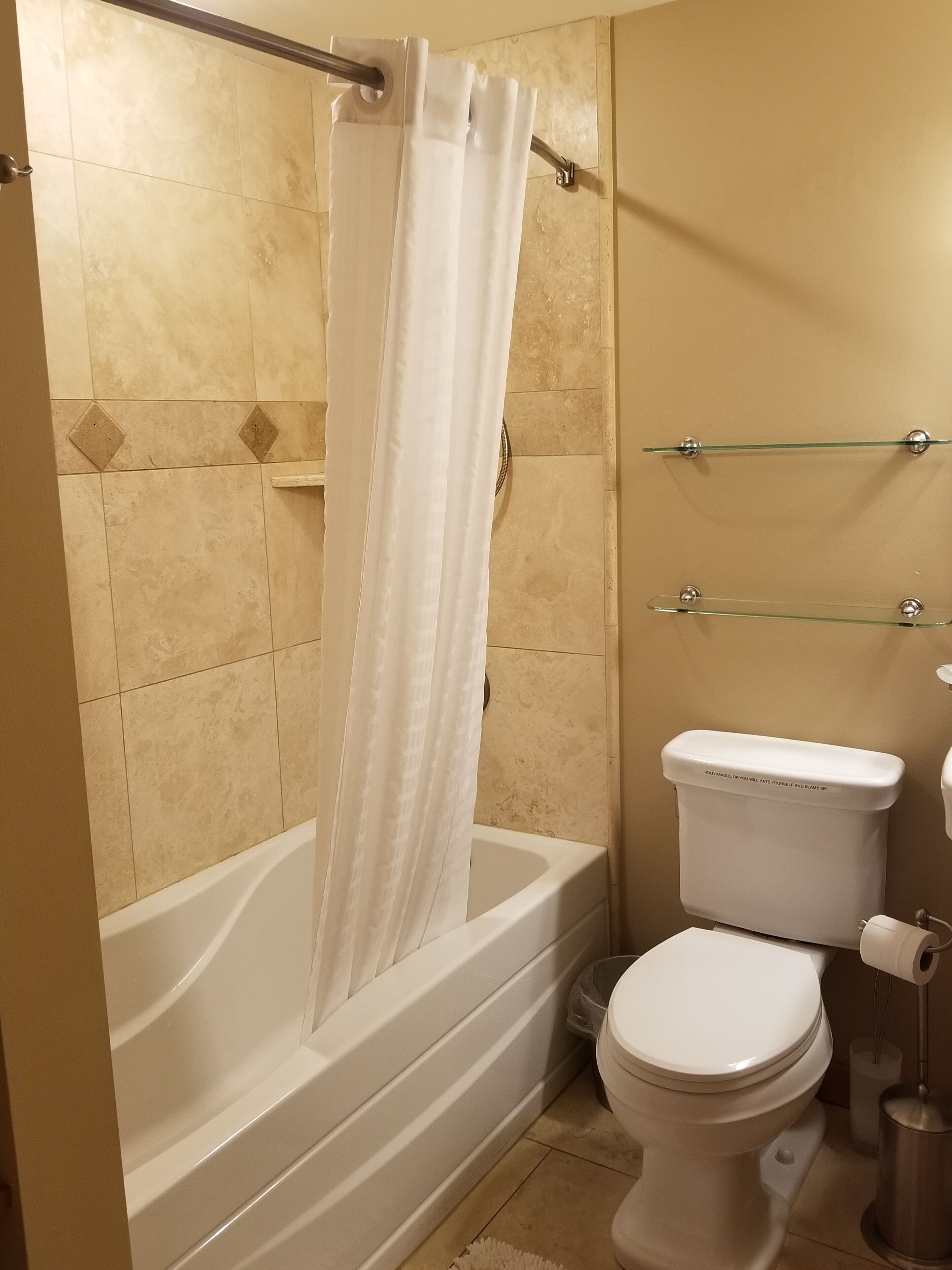A bathroom with a bathtub, toilet, and glass shelves.