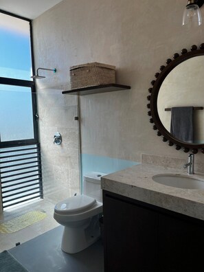 A modern bathroom with a toilet, a sink, a shower, and a large mirror.