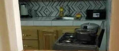 Fridge, microwave, stovetop, electric kettle