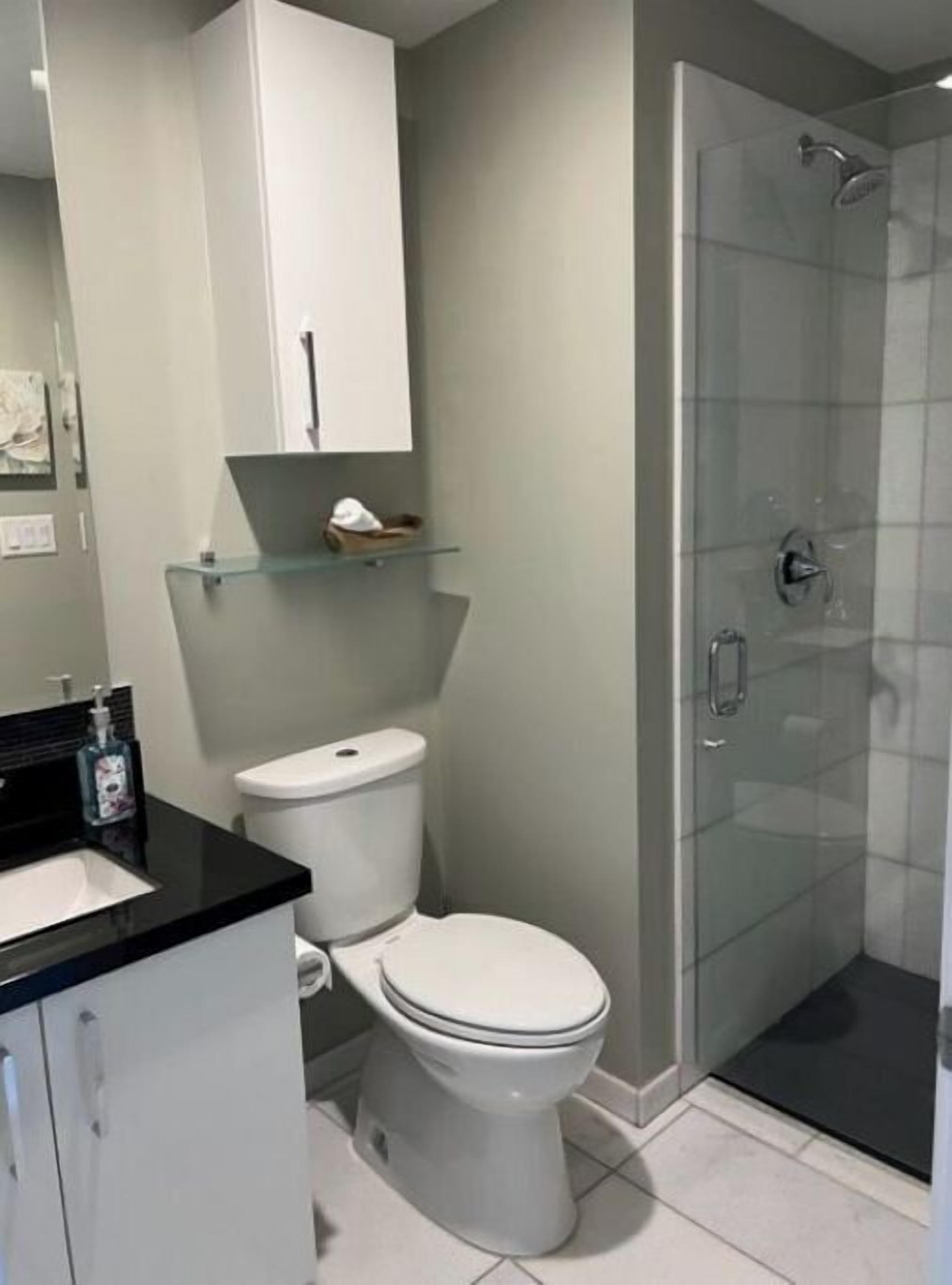 A modern bathroom with a toilet, a glass shower enclosure, and a black countertop with a soap dispenser.