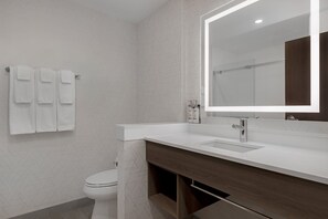 A modern bathroom with a white sink, a large mirror, and a toilet.