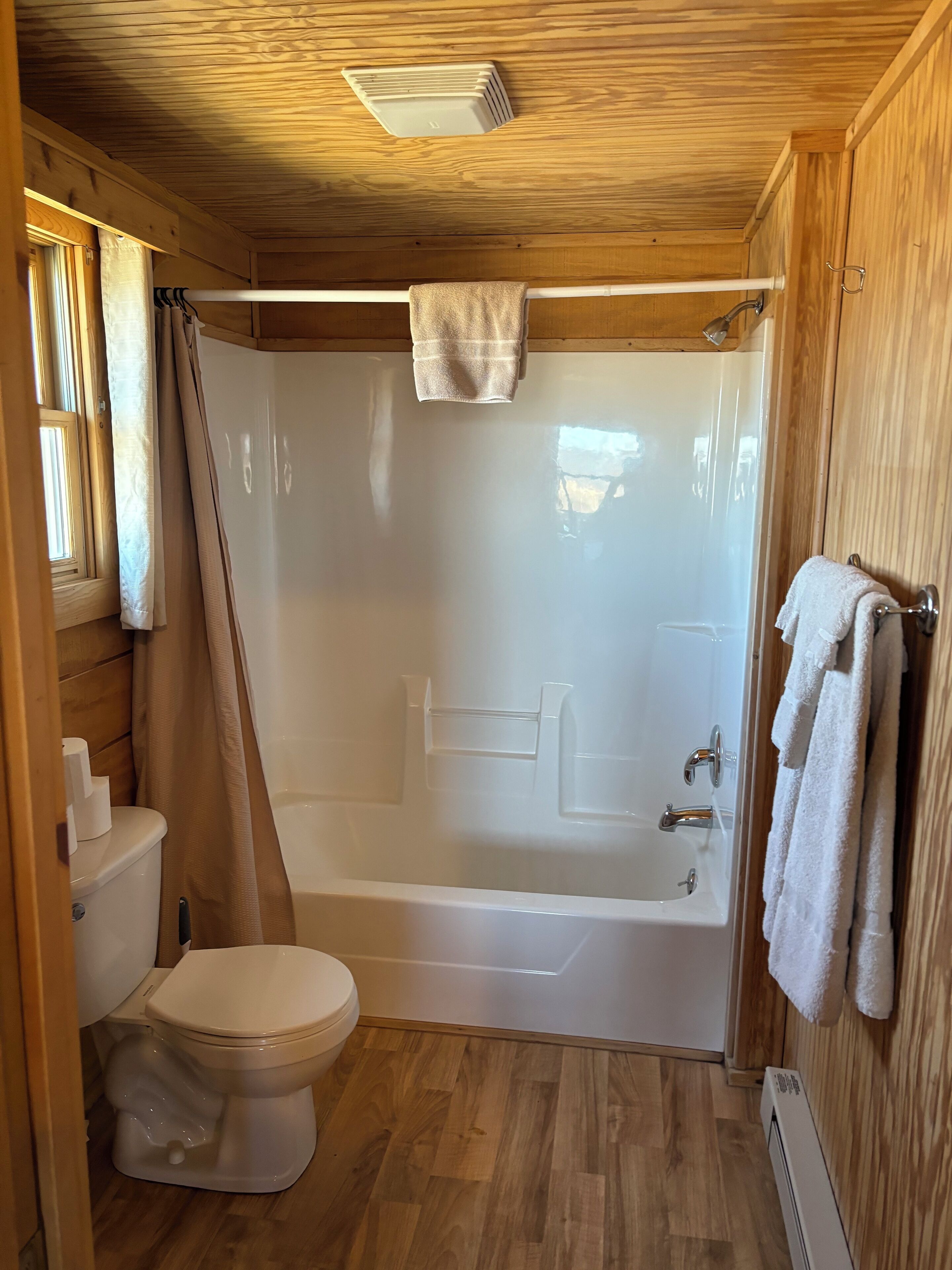 Hair dryer, towels, soap, toilet paper