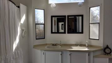 Hair dryer, towels, soap, shampoo