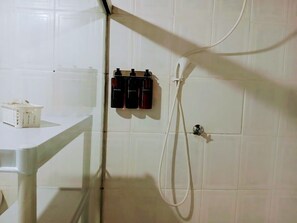 Douche, séchoir à cheveux, serviettes fournies, savon