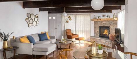 智能電視、壁爐、DVD 播放機、書籍