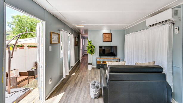 En kompakt opholdsstue med sofa, fjernsyn og en potteplante.
