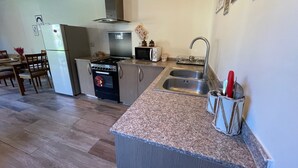Une cuisine compacte équipée d’une cuisinière à gaz, d’un four à micro-ondes et d’un évier à deux bacs.