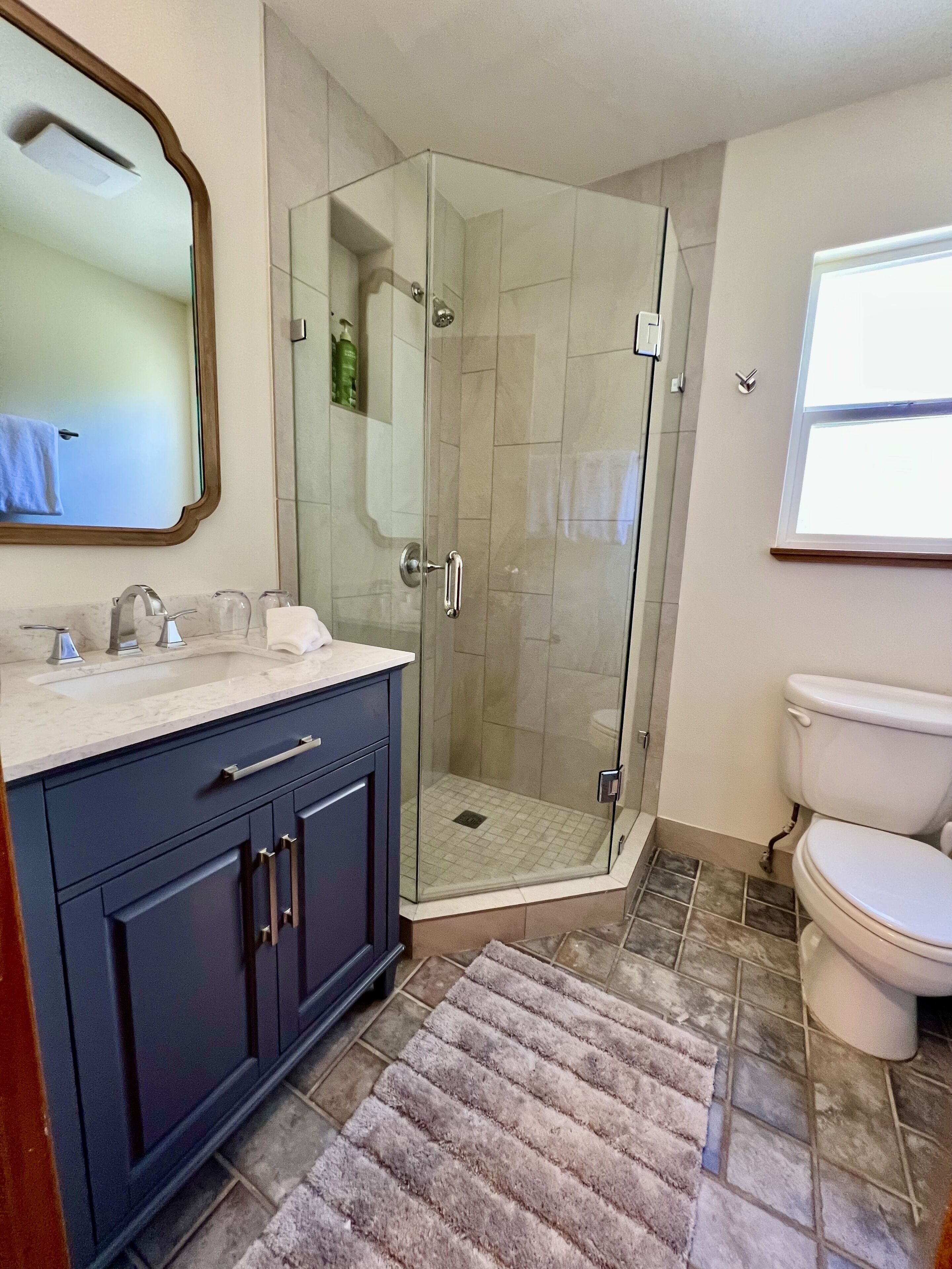 A modern bathroom with a glass-enclosed shower, a toilet, a sink with a mirror, and a rug on the floor.