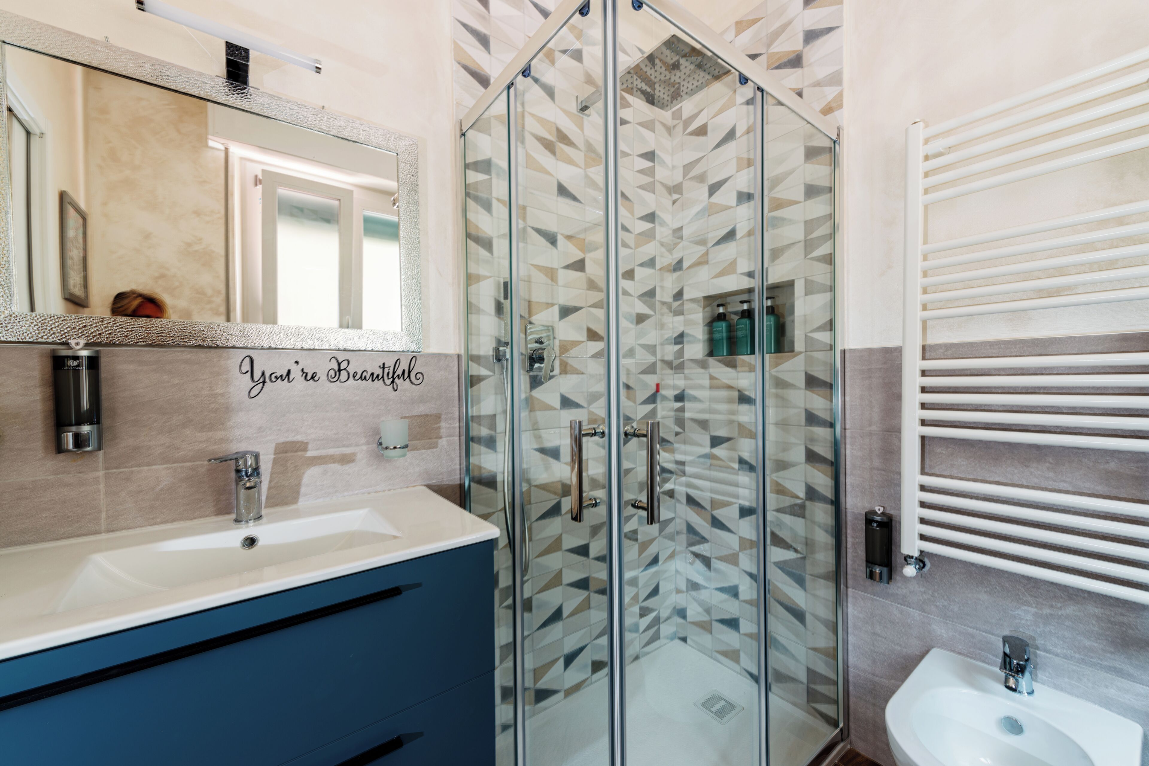 Shower, hair dryer, bidet, towels