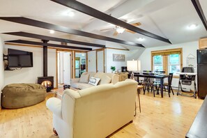 TV, fireplace, table football - Walk to Beaches: Tree-Lined Pocono Lake Retreat! (Pocono Lake)