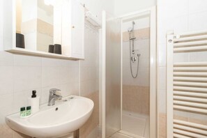 Shower, hair dryer, bidet, towels