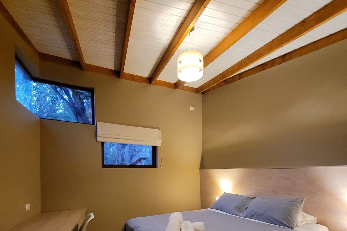 Un dormitorio con cama, mesita de noche, escritorio, silla y ventana con vistas a árboles.