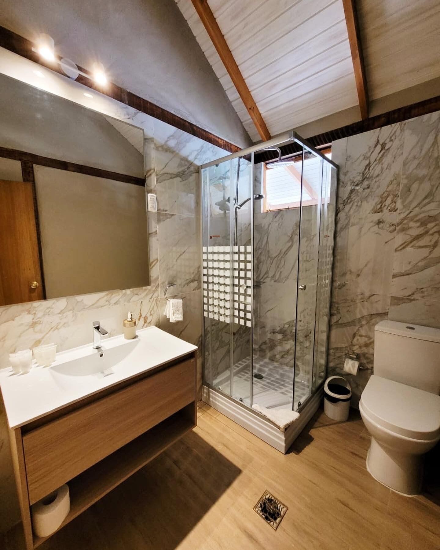A bathroom with a marble vanity, a glass shower enclosure, and a toilet.