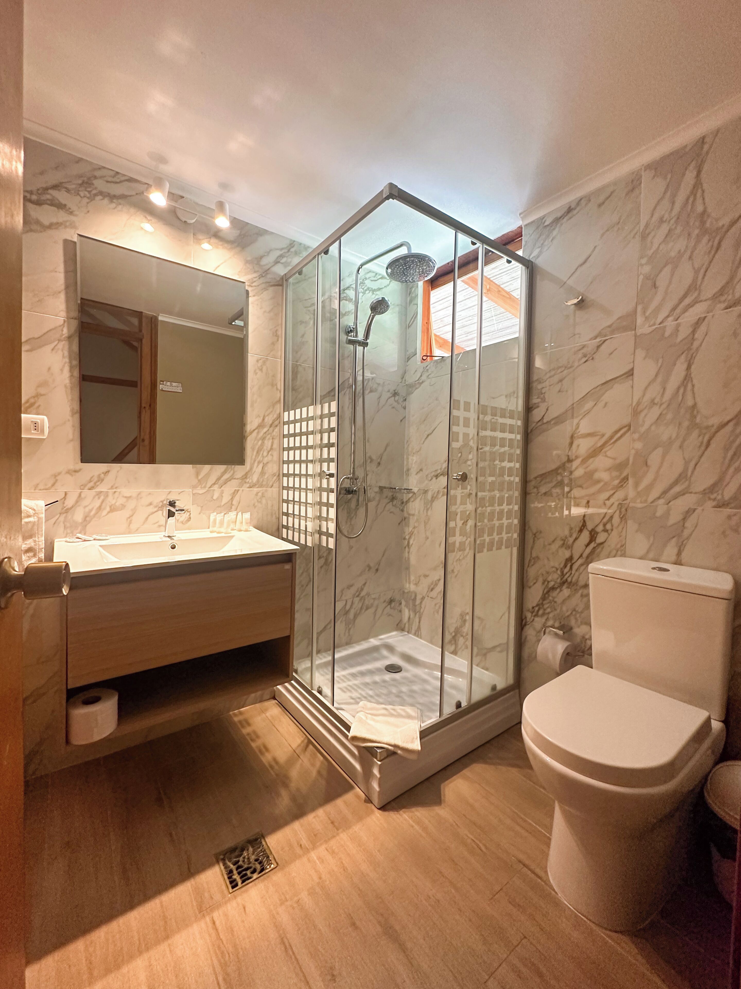 A modern bathroom with a glass-enclosed shower, a white toilet, and a vanity with a mirror.