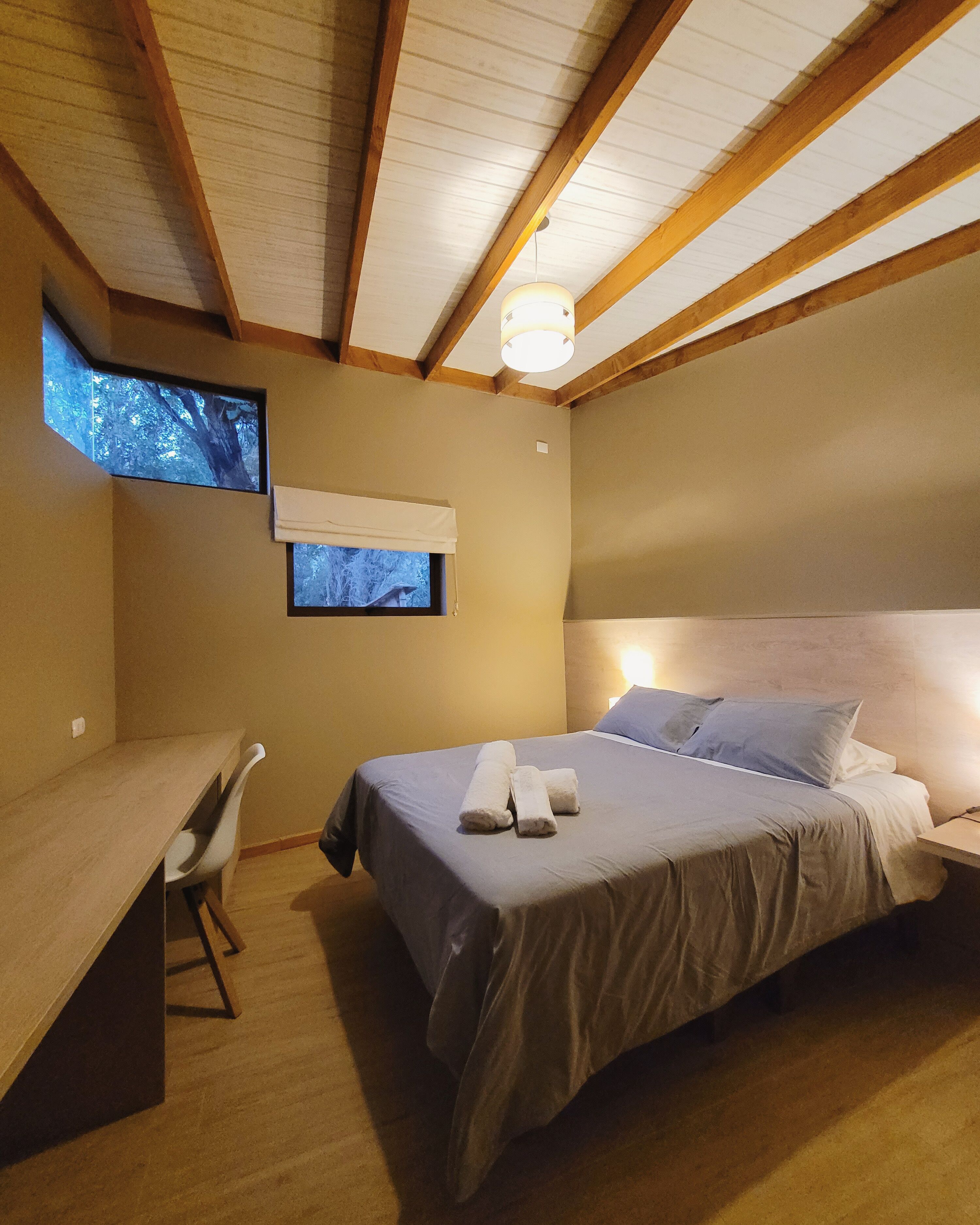 A bedroom with a bed, a desk, and a window with a view of trees.