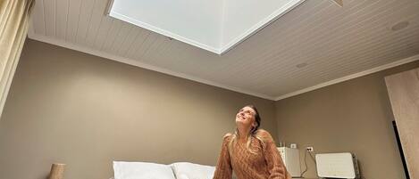 A bedroom with a skylight, a bed, a desk, and a chair.