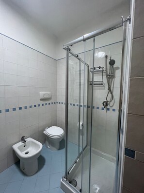 Shower, bidet, towels, soap